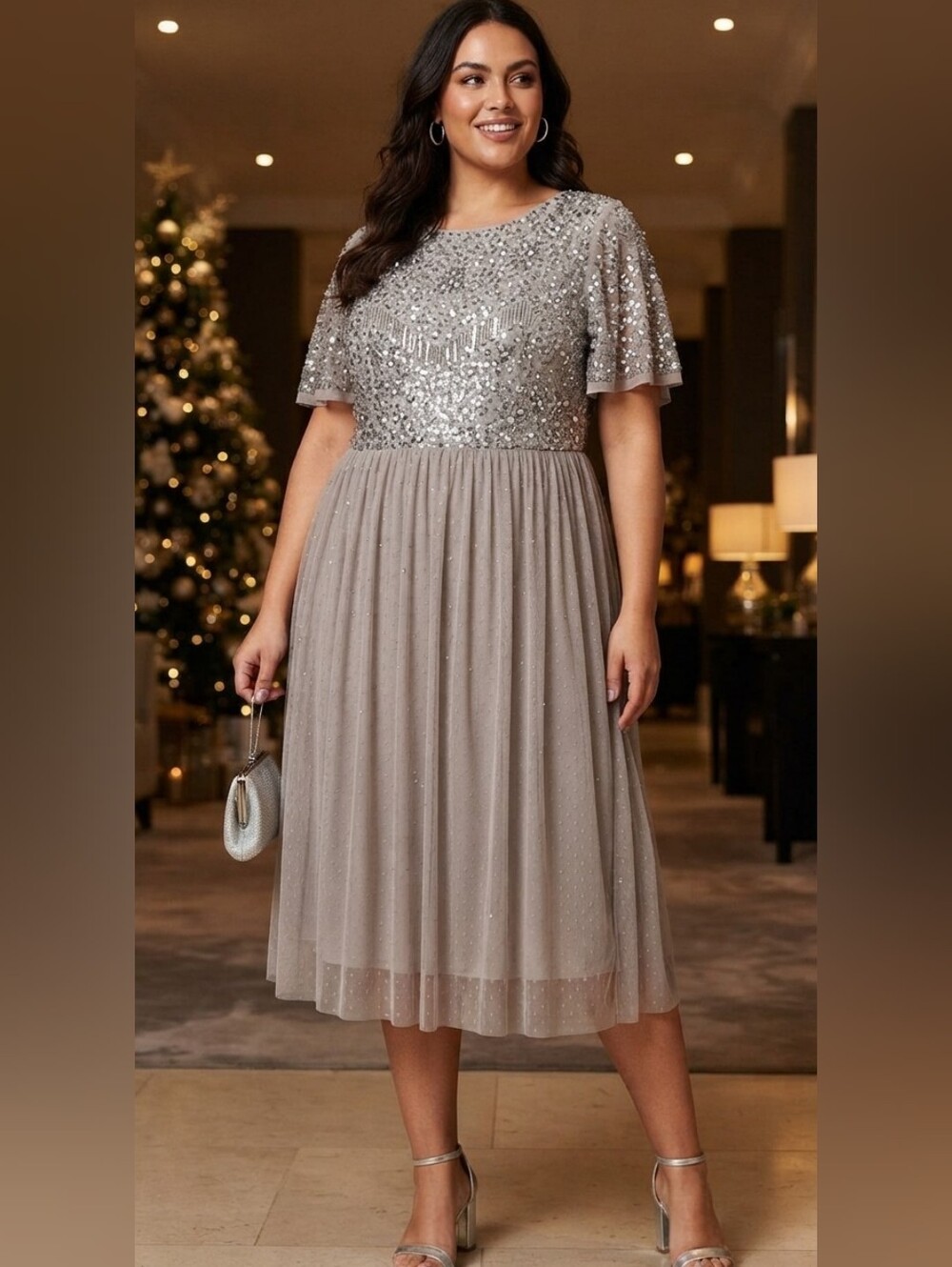Lovedrobe Luxe Plus Size 26 Silver Sequin Embellished Tulle Midi Dress VGUC